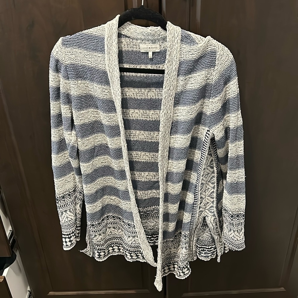 Lucky Brand Long Sleeve Blue White Open Front  Cardigan Sweater Size L